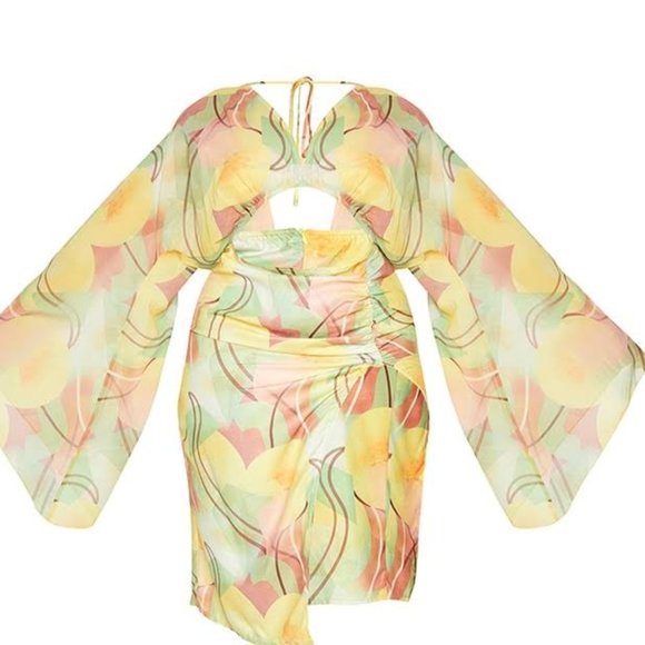 PLT PLUS MULTI PRINT CHIFFON CUT OUT SPLIT MIDI DRESS (NWOT) - Picture 3 of 5